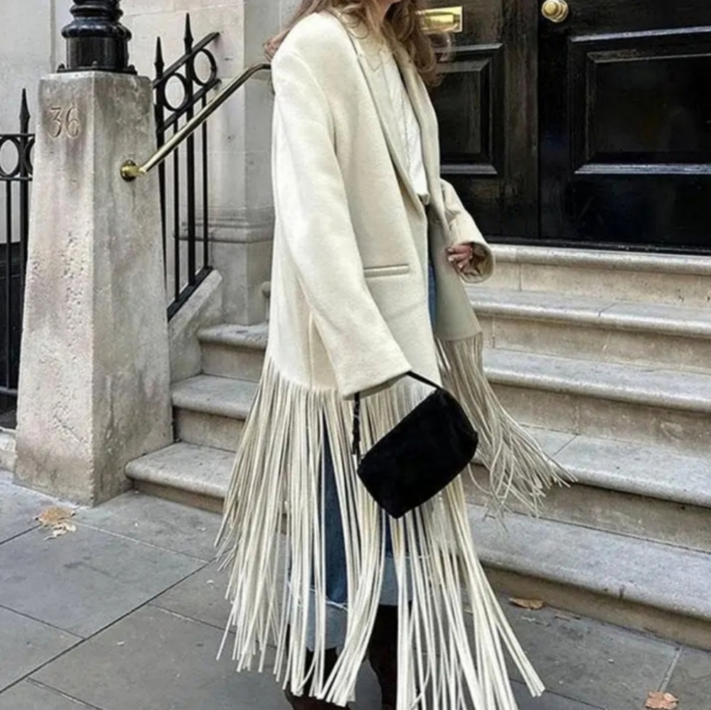 Tassel Apricot Women's Coat Elegant Autumn Long Sleeve Lapel Female Coats 2025 - Picture 1 of 6